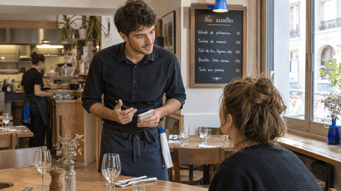Serveur tenant son carnet pendant qu’une cliente consulte la carte dans un restaurant
